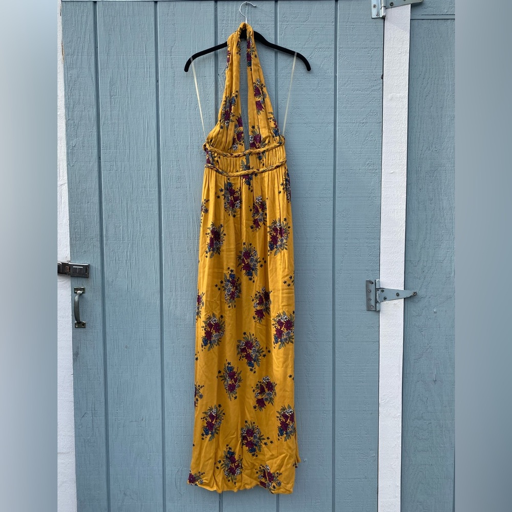 Beautiful mustard yellow floral maxi plunging neckline & braided fabric detail